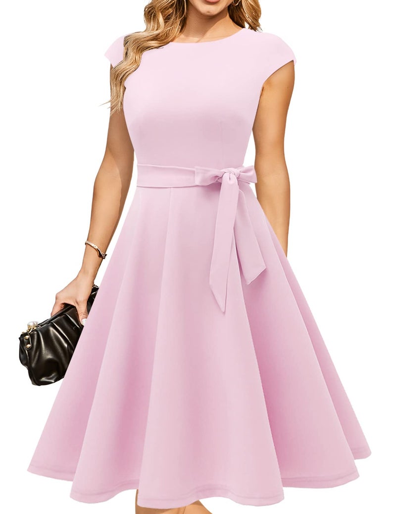 DRESSTELLS Cocktail Womens Dresses for Wedding Guest, Semi Formal Spring Easter Summer Vintage Tea Party Modest Western Church Midi Dress Pastel Pink L - Image 1